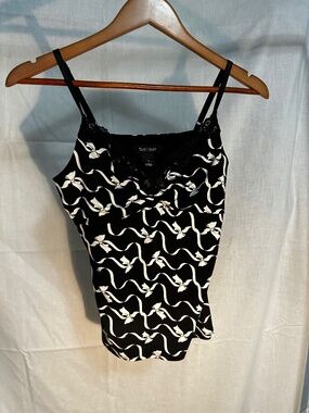 White House Black Market Black White Bow Print Lace Trim Cami Top Size Medium